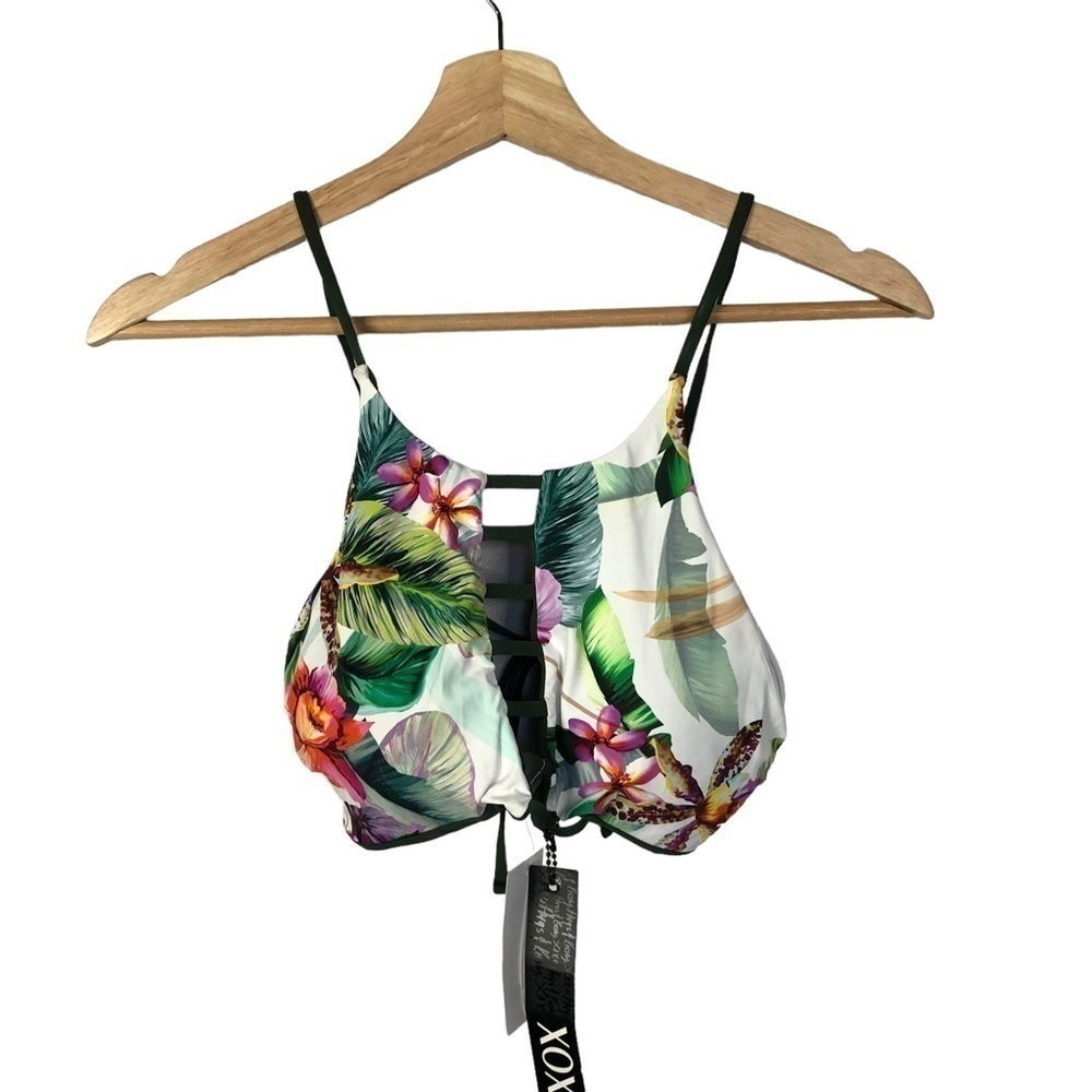 XOXO Green & White Tropical Floral Bikini Top L